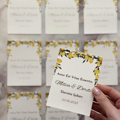 Lemon-themed wedding place cards with elegant calligraphy for wedding decor and invitations.