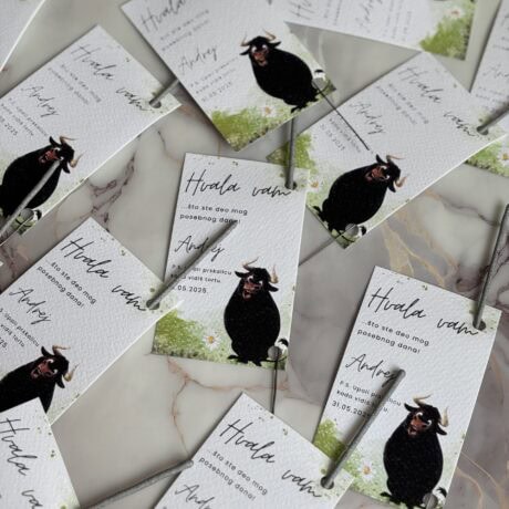 Colorful wedding favor tags with black buffalo illustration and personalized message for special occasion.
