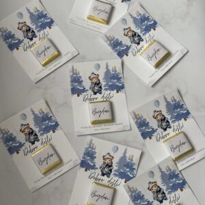 Festive greeting cards with teddy bear design and personalized name tags for Christmas.