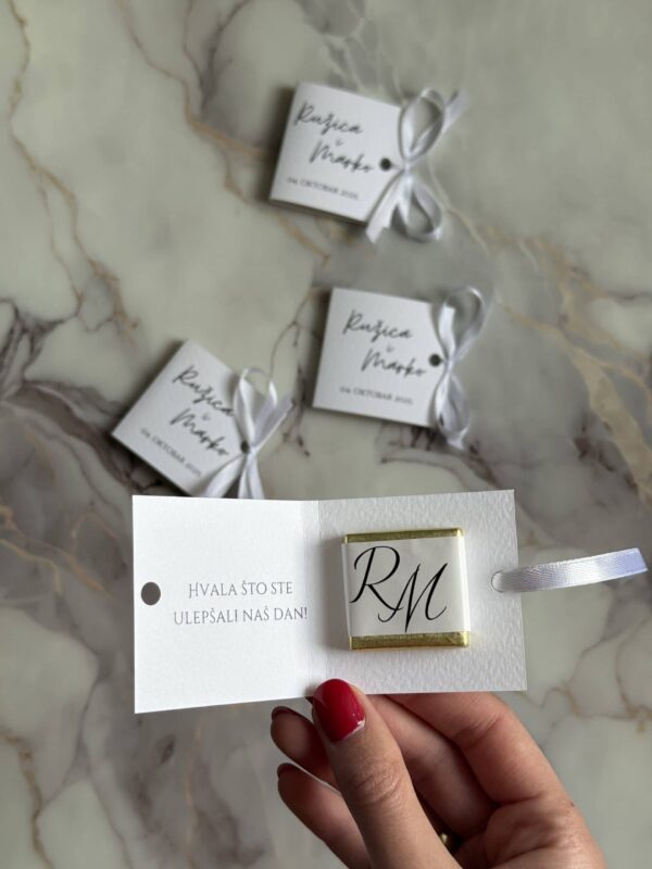 Elegant wedding favor with personalized monogram and heartfelt thank you message on a marble surface.