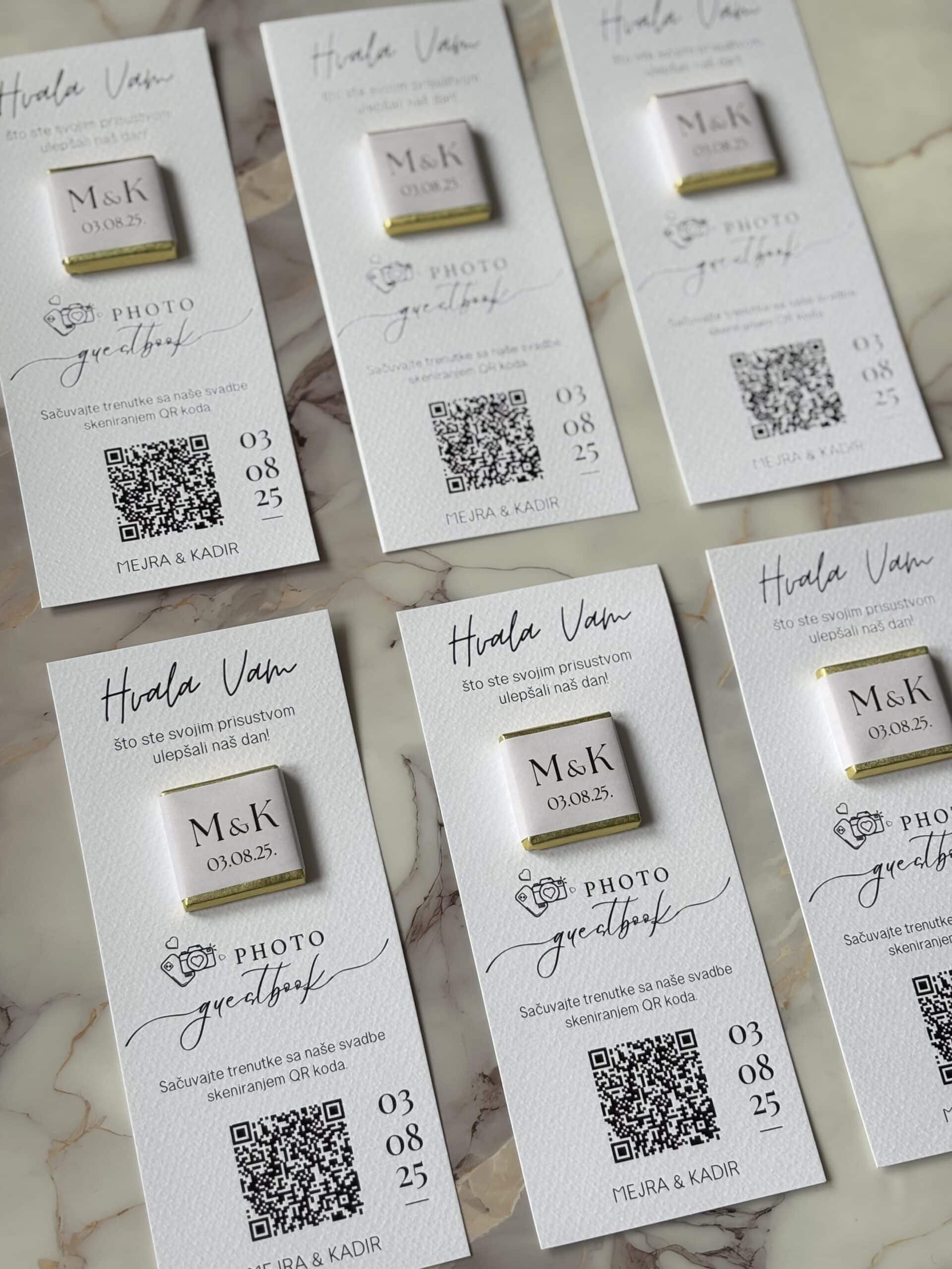 QR code wedding photo booth guestbook cards with date, names, and personalized message for wedding event.