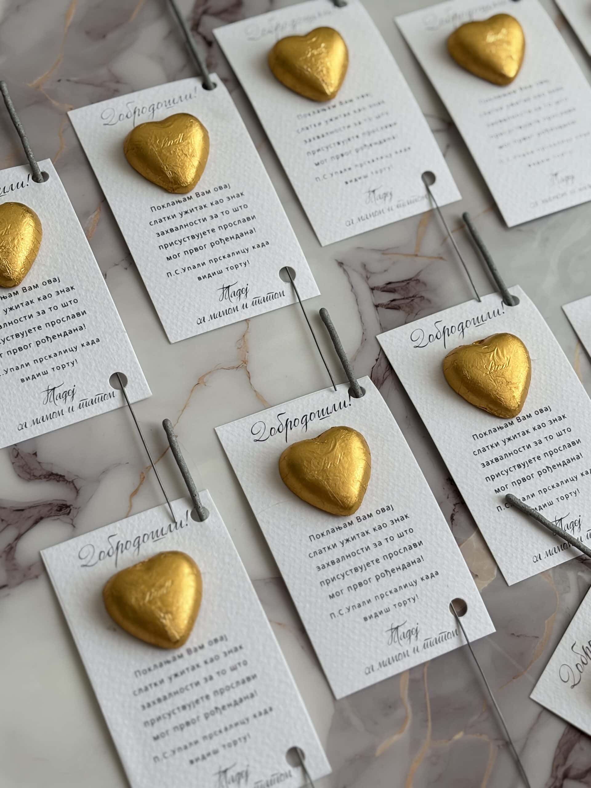 Gold heart-shaped chocolates on personalized greeting cards for birthday celebration.