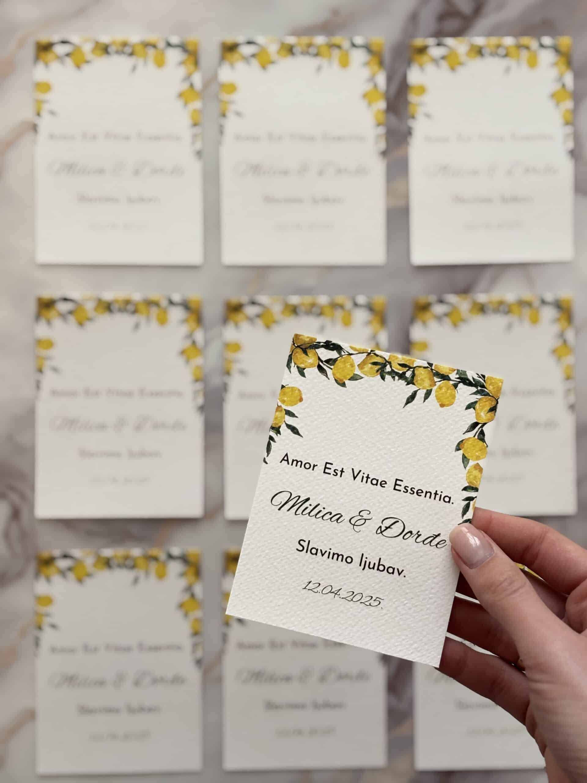 Lemon-themed wedding place cards with elegant calligraphy for wedding decor and invitations.