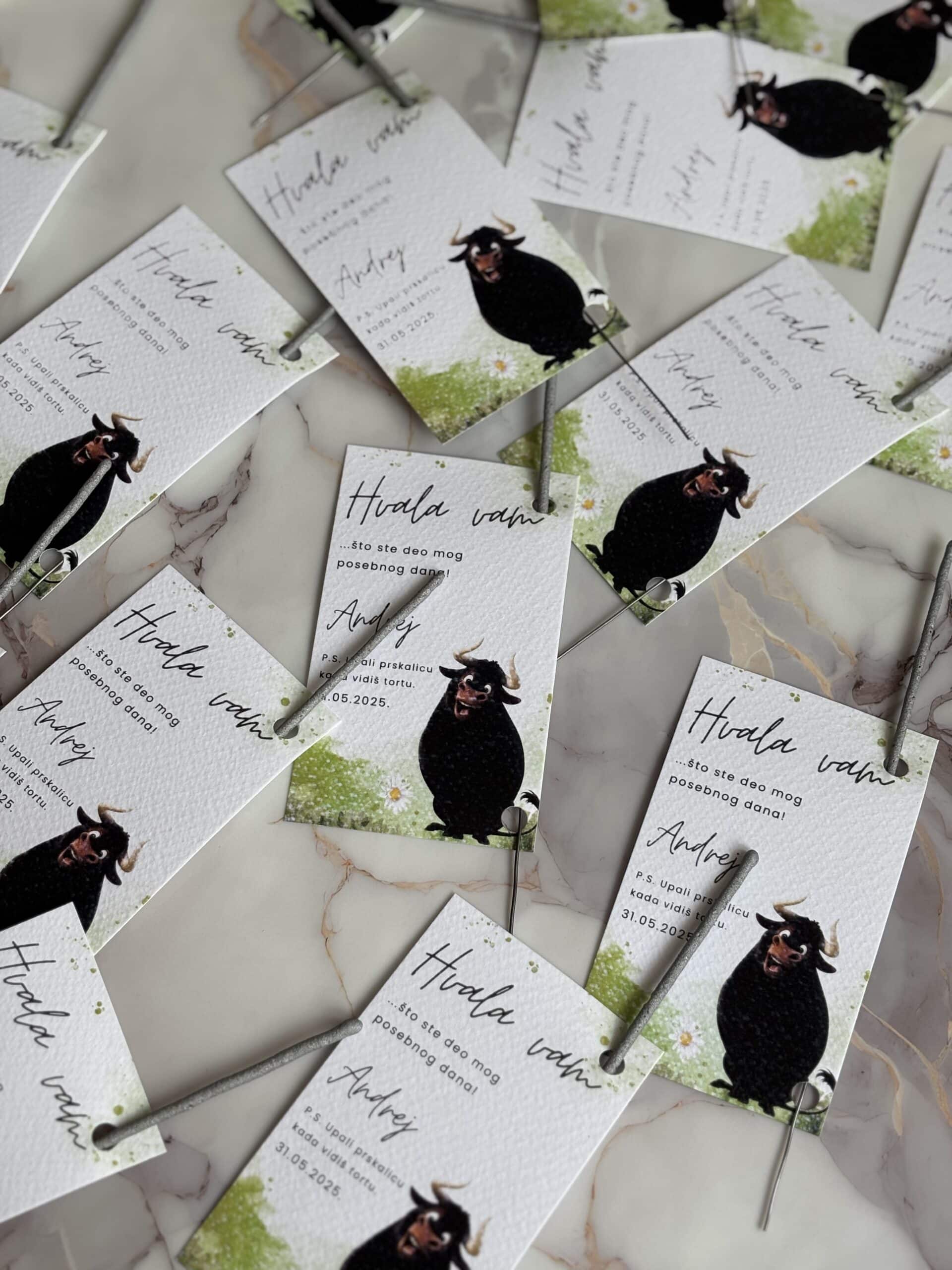 Colorful wedding favor tags with black buffalo illustration and personalized message for special occasion.